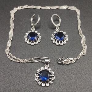 925 Silver Lab Sapphire Blue Flower Necklace Earrings Set BOHO Fashion Gift NEW
